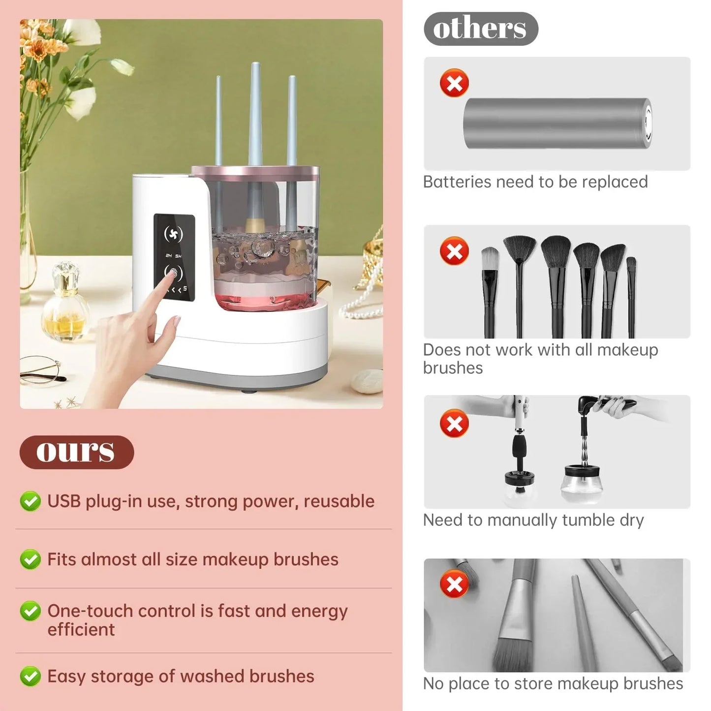 3 in 1 Portable Automatic Electric Makeup Brush Cleaner with Brush Dryer